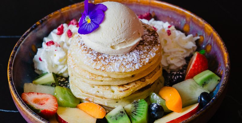 Pancakes with fruit and ice cream