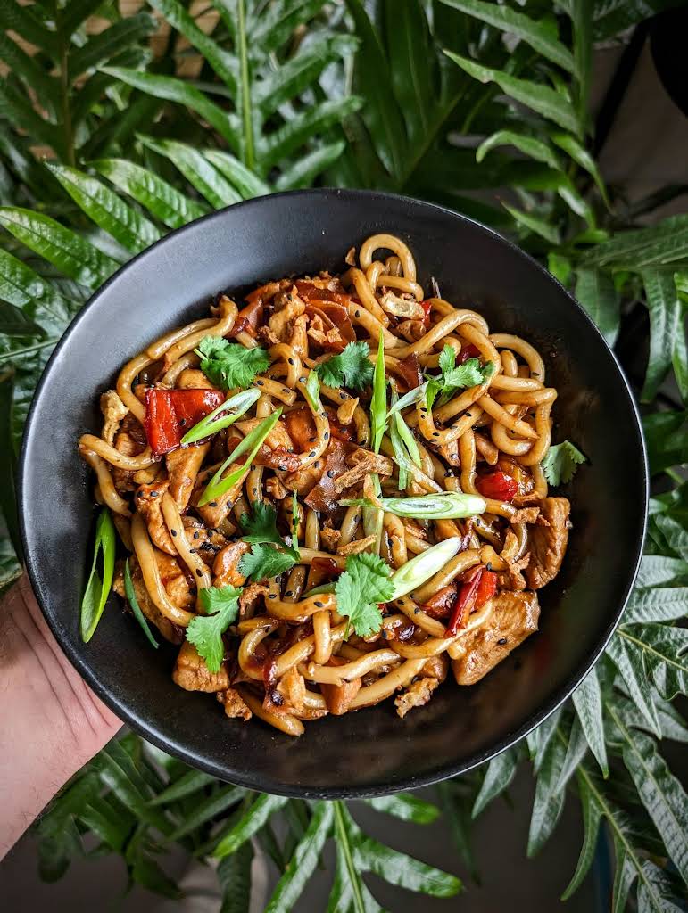 Teriyaki udon noodles with fresh herbs